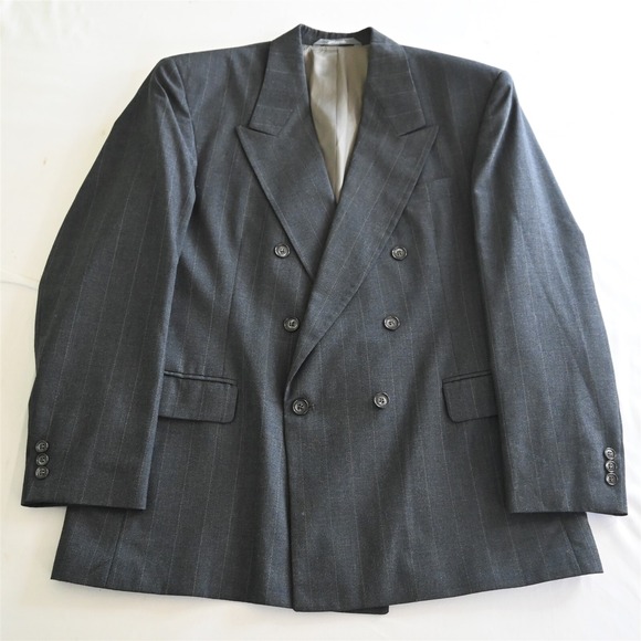 Vtg USA Made 44R Gray Wide Stripe Double Breasted‎ Blazer Suit Jacket Sport Coat - Picture 1 of 12